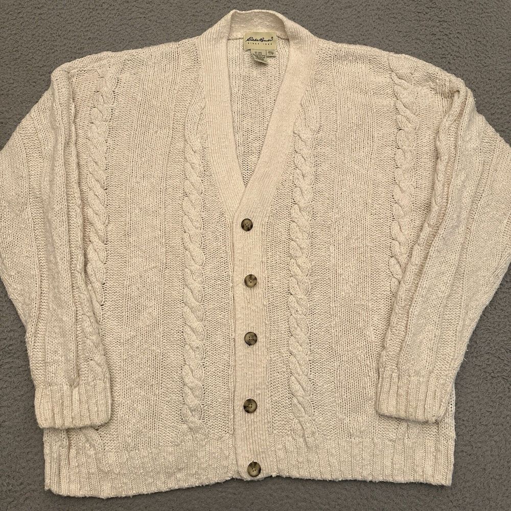 Vintage Eddie Bauer‎ Cable Knit Cardigan Sweater Men's Large Ivory Chunky Preppy